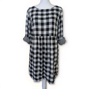 J.Jill Dress Womens XS Black White Buffalo Plaid Roll Tab Sleeve Pockets
